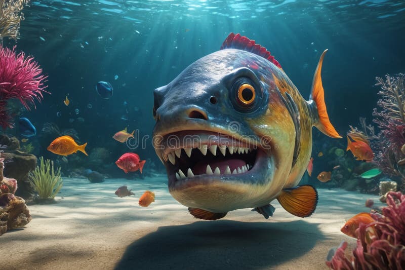 Fearful piranha with teeth and open mouth in water ai. Fearful piranha with teeth and open mouth in water ai