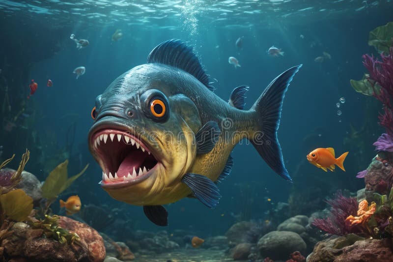 Fearful piranha with teeth and open mouth in water ai. Fearful piranha with teeth and open mouth in water ai