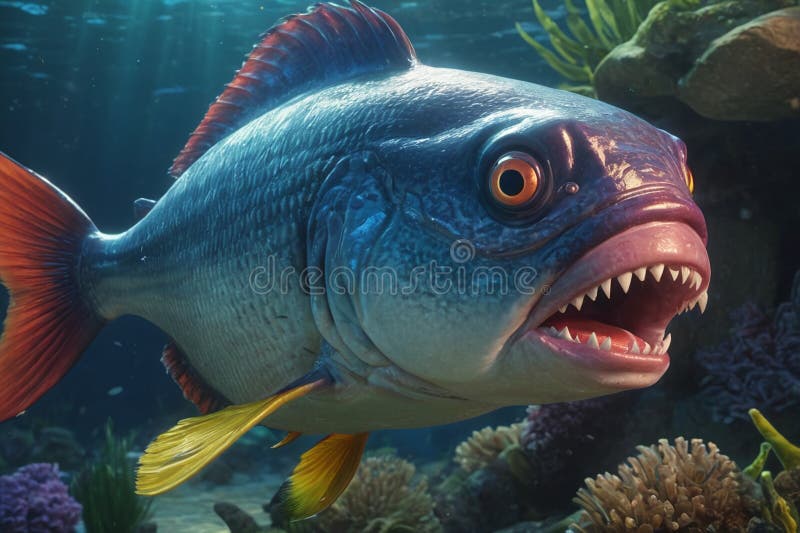 Fearful piranha with teeth and open mouth in water ai. Fearful piranha with teeth and open mouth in water ai