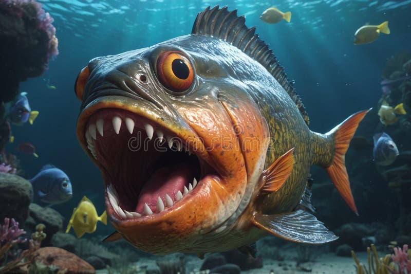 Fearful piranha with teeth and open mouth in water ai. Fearful piranha with teeth and open mouth in water ai