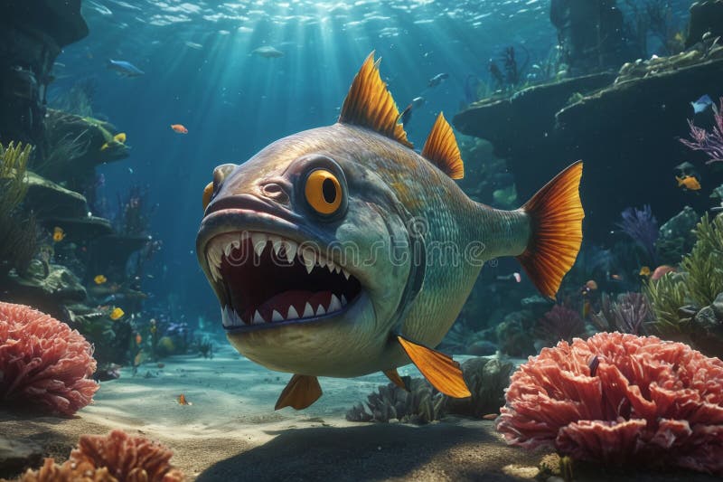 Fearful piranha with teeth and open mouth in water ai. Fearful piranha with teeth and open mouth in water ai