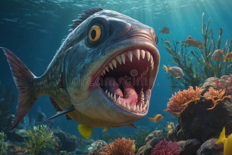 Fearful piranha with teeth and open mouth in water ai. Fearful piranha with teeth and open mouth in water ai