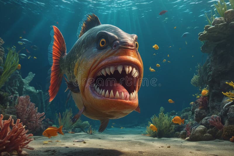 Fearful piranha with teeth and open mouth in water ai. Fearful piranha with teeth and open mouth in water ai