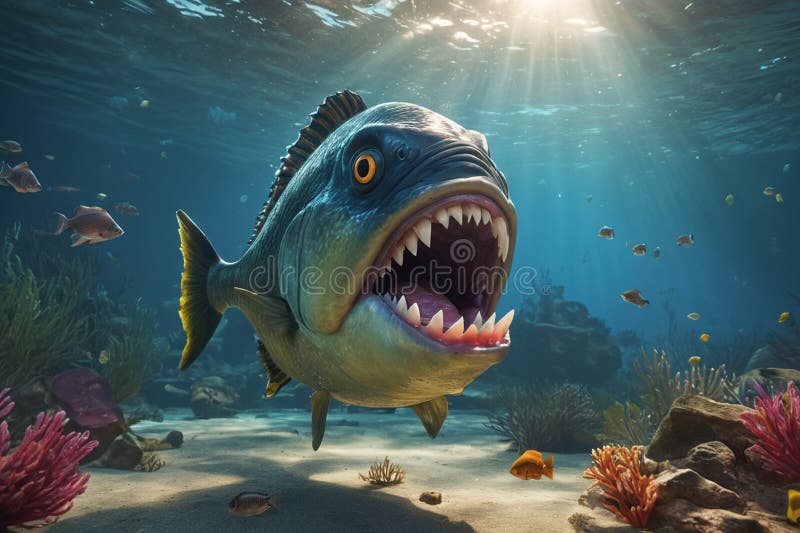 Fearful piranha with teeth and open mouth in water ai. Fearful piranha with teeth and open mouth in water ai