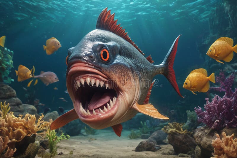 Fearful piranha with teeth and open mouth in water ai. Fearful piranha with teeth and open mouth in water ai
