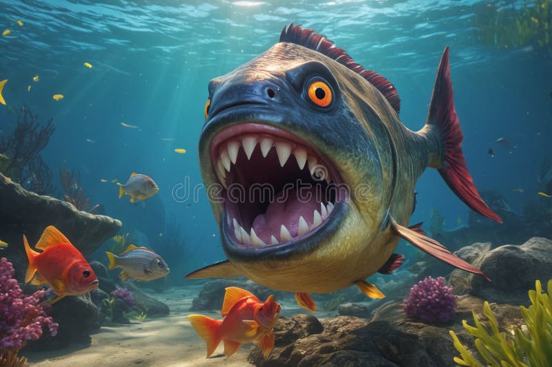 Fearful piranha with teeth and open mouth in water ai. Fearful piranha with teeth and open mouth in water ai