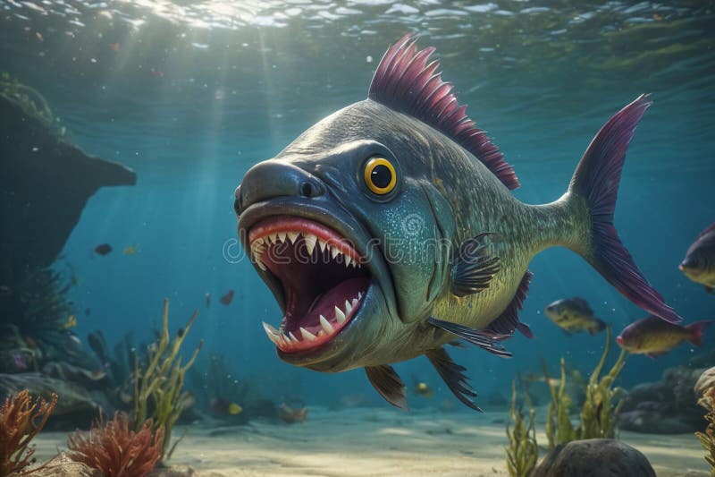 Fearful piranha with teeth and open mouth in water ai. Fearful piranha with teeth and open mouth in water ai