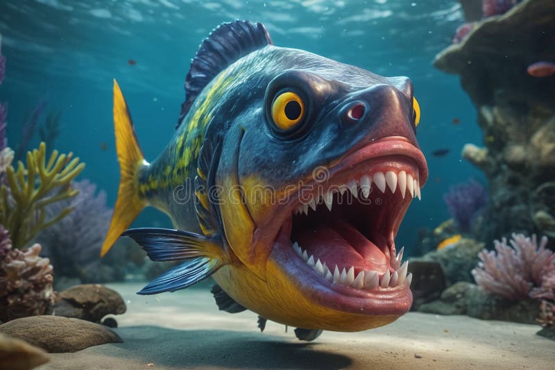 Fearful piranha with teeth and open mouth in water ai. Fearful piranha with teeth and open mouth in water ai