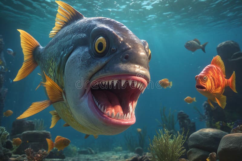 Fearful piranha with teeth and open mouth in water ai. Fearful piranha with teeth and open mouth in water ai