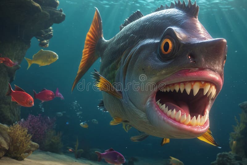 Fearful piranha with teeth and open mouth in water ai. Fearful piranha with teeth and open mouth in water ai