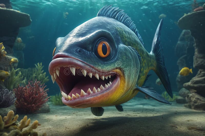 Fearful piranha with teeth and open mouth in water ai. Fearful piranha with teeth and open mouth in water ai