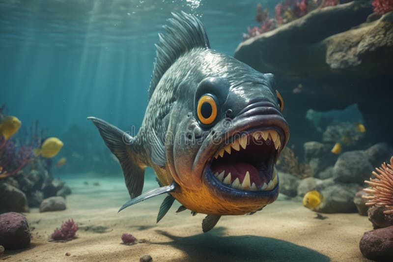 Fearful piranha with teeth and open mouth in water ai. Fearful piranha with teeth and open mouth in water ai