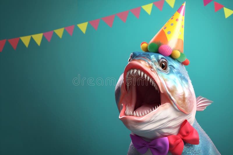 Creative animal concept. Piranha fish in party cone hat necklace bowtie outfit isolated on solid pastel background advertisement, copy text space. birthday party invite invitation. Creative animal concept. Piranha fish in party cone hat necklace bowtie outfit isolated on solid pastel background advertisement, copy text space. birthday party invite invitation