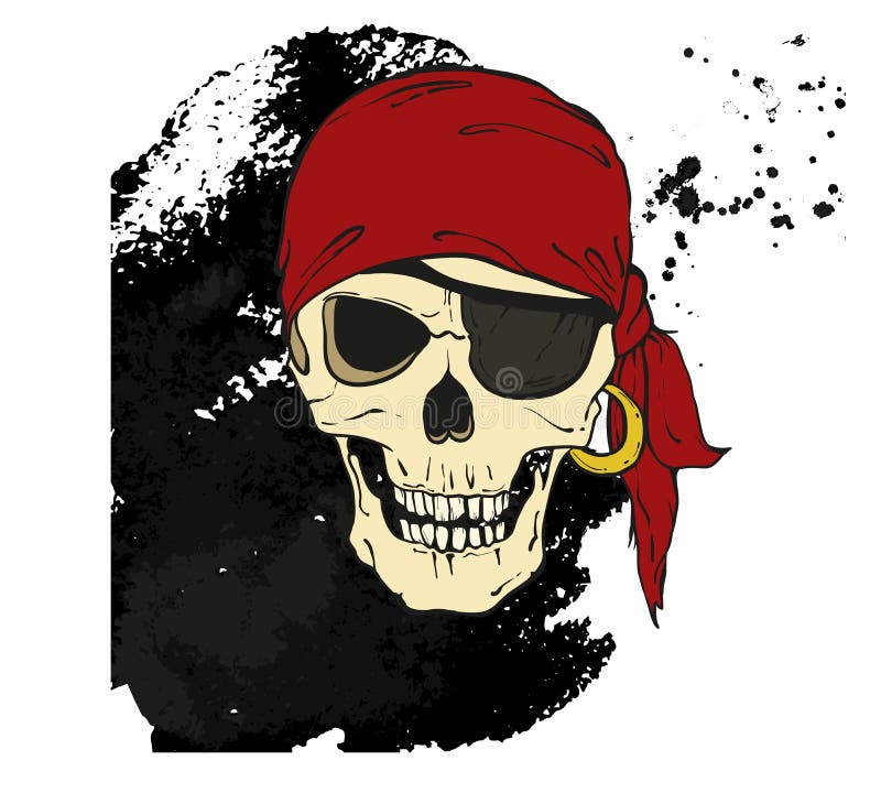 Pirat czaszka z oko łatą na czarnym tle ilustracji Pirat czaszka z oko łatą na czarnym tle ilustracji