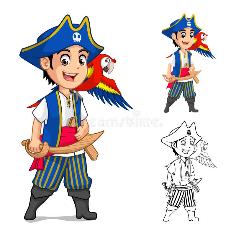 Pirata del bambino che tiene spada di legno con il color scarlatto di Mawaw del personaggio dei cartoni animati dell'uccello