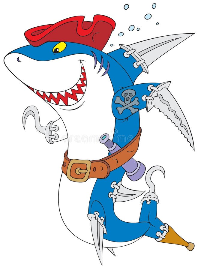 The clip-art of the great white shark with the swords and hooks instead his fins like a pirate of the Caribbean Sea. The clip-art of the great white shark with the swords and hooks instead his fins like a pirate of the Caribbean Sea