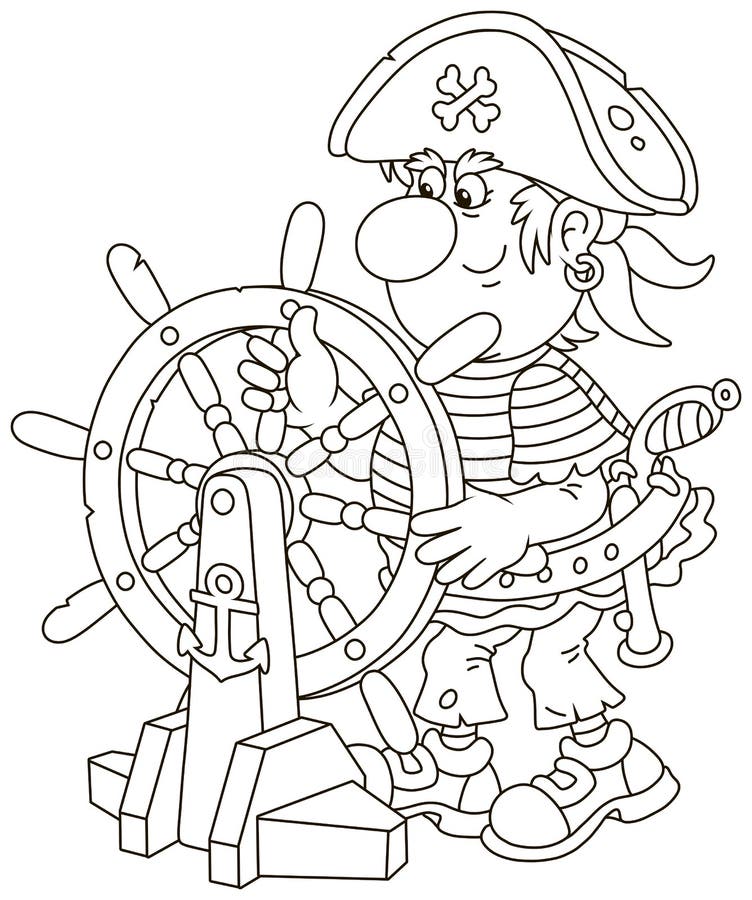 Funny sea rover in a cocked hat holding a wooden helm and steering a boat, black and white vector illustration in a cartoon style for a coloring book. Funny sea rover in a cocked hat holding a wooden helm and steering a boat, black and white vector illustration in a cartoon style for a coloring book
