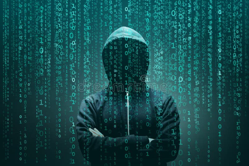 Pirata informático de ordenador en máscara y sudadera con capucha sobre fondo binario abstracto Cara oscura obscurecida Ladrón de stock de ilustración Pirata informático de ordenador en máscara y sudadera con capucha sobre fondo binario abstracto Cara oscura obscurecida Ladrón de stock de ilustración