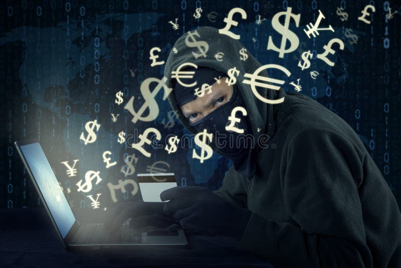 Pirata informático que roba el dinero con la transacción en línea libre illustration Pirata informático que roba el dinero con la transacción en línea libre illustration