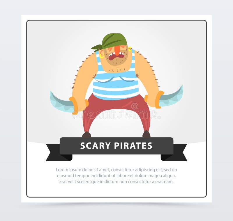 Pirata muscolare, ostruzionismo barbuto con l'insegna spaventosa dei pirati delle sciabole, ilustration piano di vettore royalty illustrazione gratis Pirata muscolare, ostruzionismo barbuto con l'insegna spaventosa dei pirati delle sciabole, ilustration piano di vettore royalty illustrazione gratis