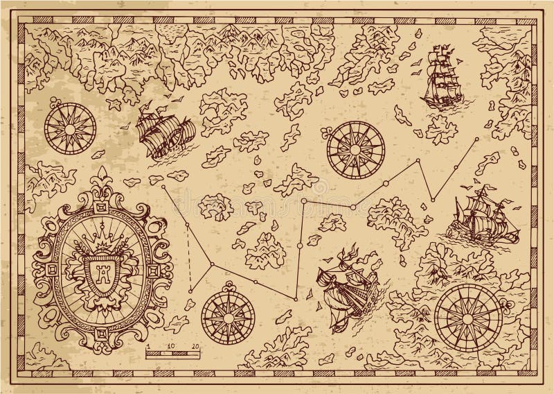 Ancient pirate map with decorative frame, sailings ships and islands