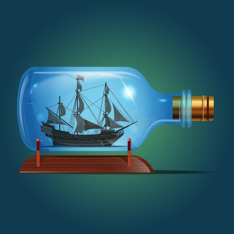 Pirate Black Ship In A Bottle.Sailing Crafts. Miniature Models Of Marine  Vessels. Hobby And Sea Theme.Vector Stock Vector - Illustration Of  Background, Design: 227640235