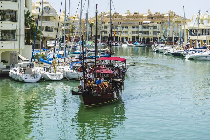 Pirate boat moored in Marbella, Spain city summer