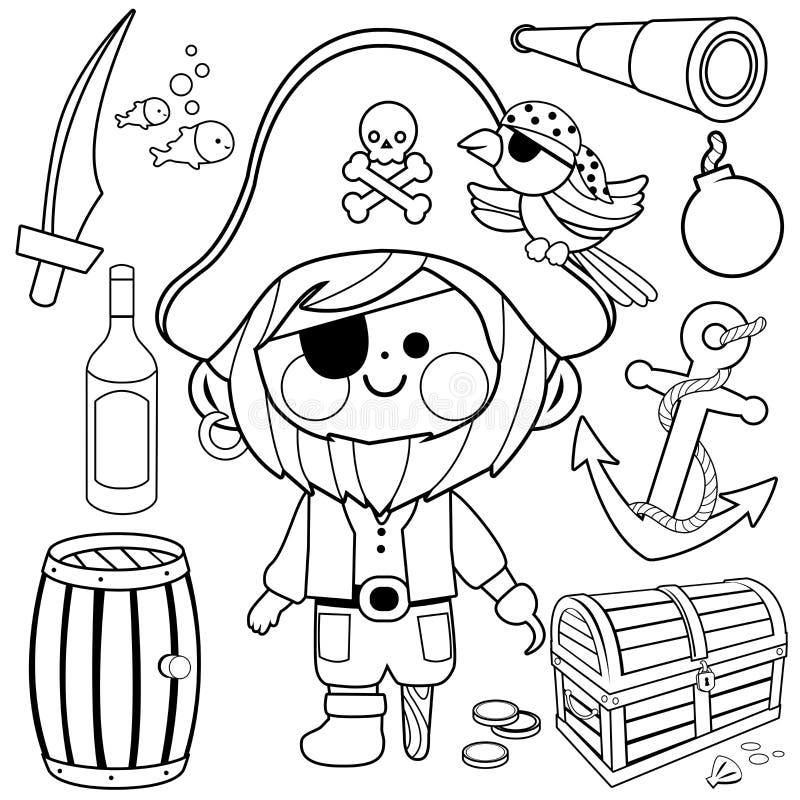 Pirate Captain Vector Set. Black and White Coloring Book Page Stock ...