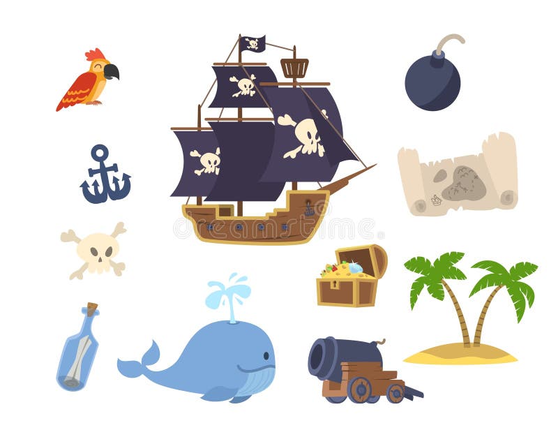 Vector pirate stickers set. Cute sea adventures patches icons collection.  Treasure island illustrations with ship, chest, map, parrot, monkey, map.  Funny pirate party elements on wooden background. Stock Vector