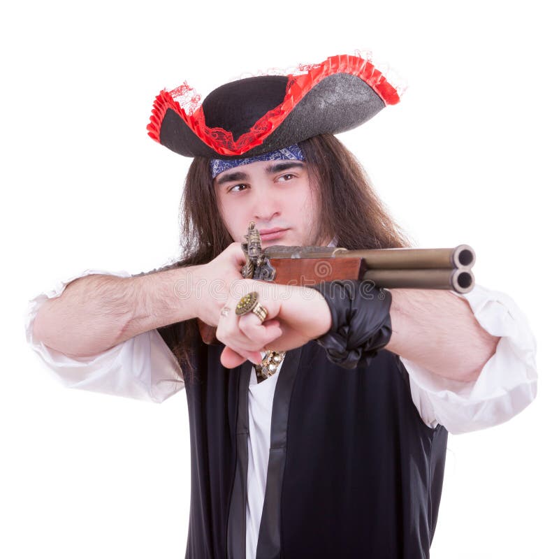 Pirate with a gun on hand stock photography