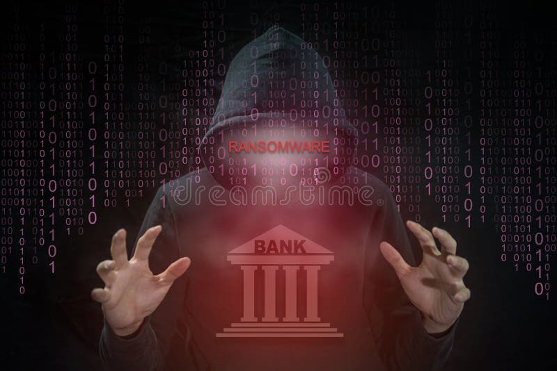 Pirate informatique employant le ransomware pour le système de banque d'attaque photographie stock Pirate informatique employant le ransomware pour le système de banque d'attaque photographie stock