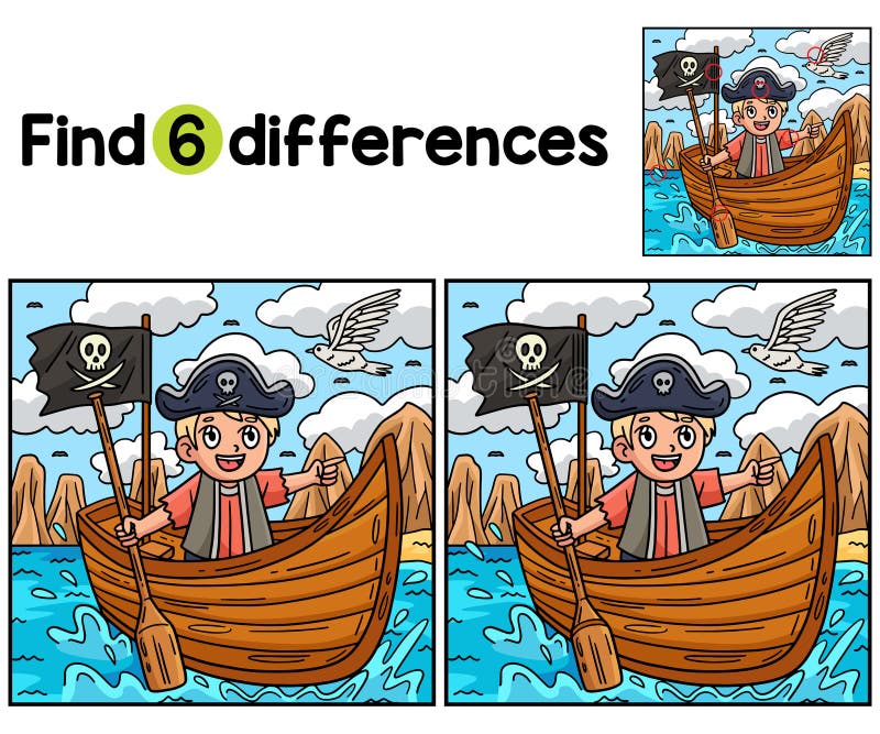 Pirate in a Rowboat Find the Differences Stock Vector Illustration of
