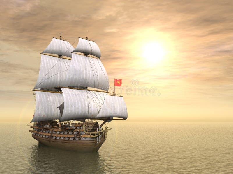 3d generato scena di una nave pirata, al tramonto.