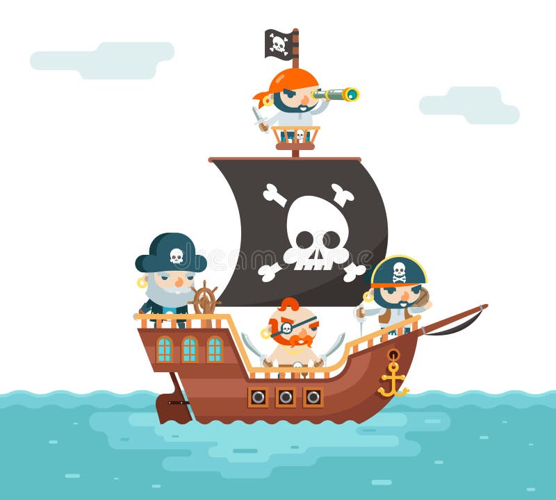 Pirate Ship crew Buccaneer Filibuster Corsair Sea Dog Sailors Captain Fantasy RPG Treasure Game Character Flat Design