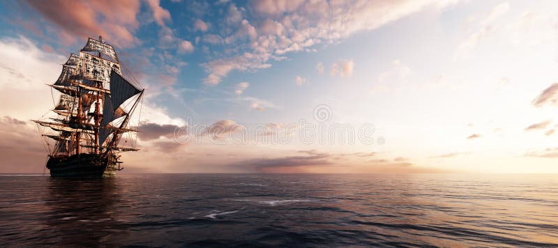 Pirate ship sailing on the ocean at sunset