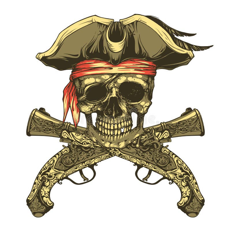 Pirate skull and vintage pistols. Jolly Roger stock illustration Pirate skull and vintage pistols. Jolly Roger stock illustration