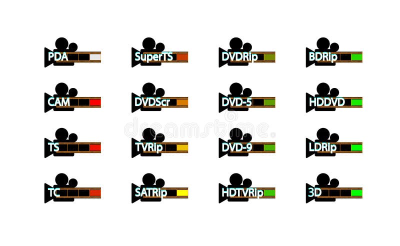 Pirated movie release types, Release formats icon set. Video piracy. Vector stock illustration
