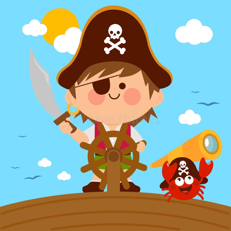Pirate boy captain sailing on a ship with a steering wheel and a crab with a telescope. Vector illustration. Pirate boy captain sailing on a ship with a steering wheel and a crab with a telescope. Vector illustration
