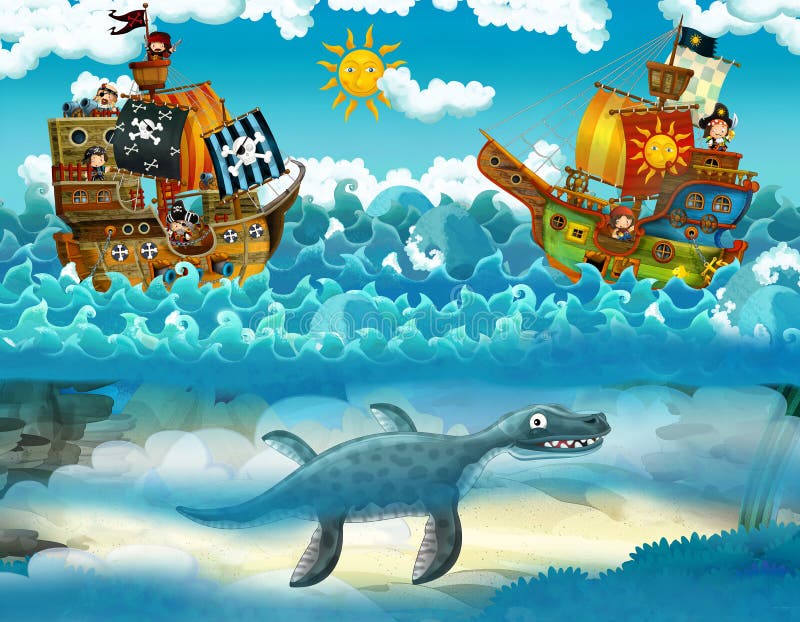 Piraten auf der Seeschlacht - mit dem Monster Unterwasser lizenzfreie abbildung Piraten auf der Seeschlacht - mit dem Monster Unterwasser lizenzfreie abbildung