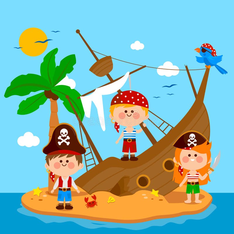 Piraten en schipbreuk op een eiland Vector illustratie vector illustratie Piraten en schipbreuk op een eiland Vector illustratie vector illustratie