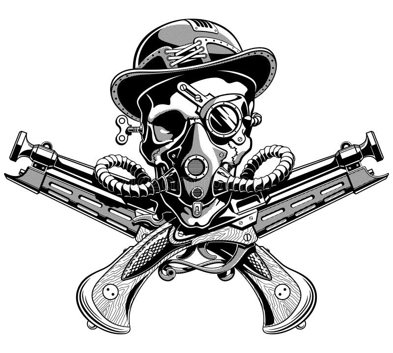 Piraten-Jolly Roger Steampunk-Vektor Pistolen des Schädels Hut gekreuzter stock abbildung Piraten-Jolly Roger Steampunk-Vektor Pistolen des Schädels Hut gekreuzter stock abbildung