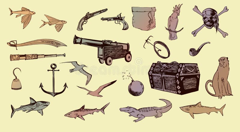 Piratenhandgezogene Skizzen-Satzillustration von Piratenschiffzusätzen Zeichnende Elemente der Vektorverschleppungstaktik lokalis stock abbildung Piratenhandgezogene Skizzen-Satzillustration von Piratenschiffzusätzen Zeichnende Elemente der Vektorverschleppungstaktik lokalis stock abbildung