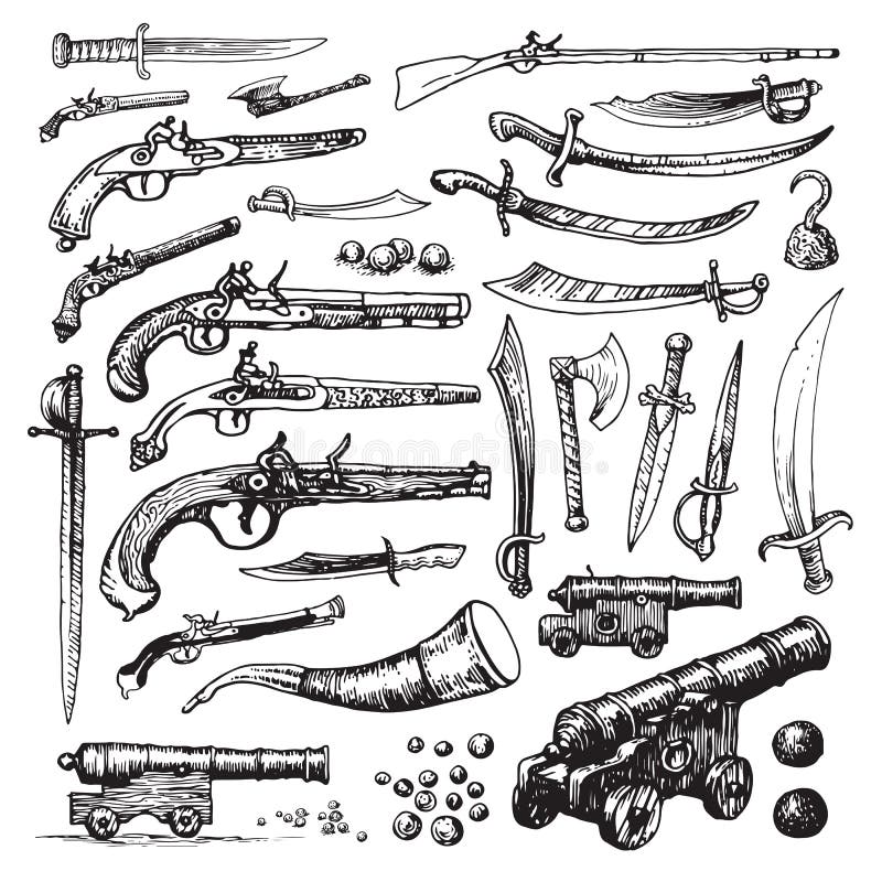 Vector set of illustrations featuring various historic weapons used in pirate and military ships and by soldiers; swords, daggers flint lock pistols and cannons. Vector set of illustrations featuring various historic weapons used in pirate and military ships and by soldiers; swords, daggers flint lock pistols and cannons.