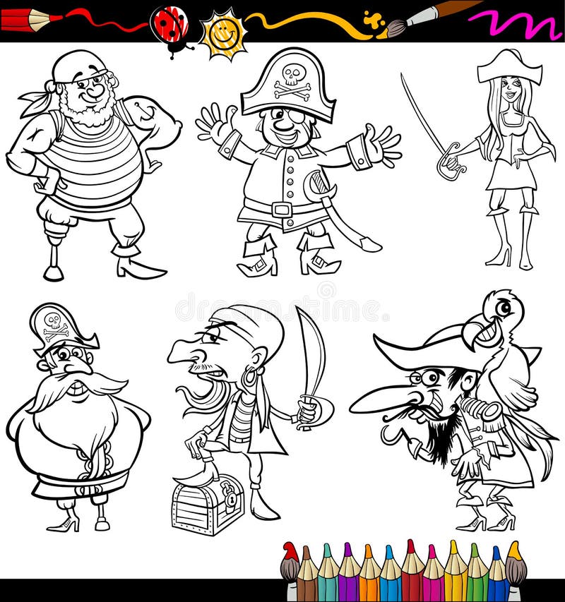 Pirates cartoon set for coloring book