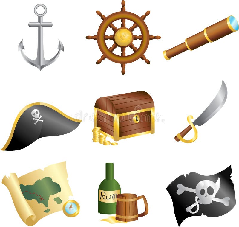 Set Of Pirates Vector Cartoon Stickers Adventures And Pirate Party Sticker  For Kindergarten Children Adventure Treasure Pirates Octopus Whale Ship  Kids Drawing Vector Cartoon Stickers About Pirates And Treasures Stock  Illustration 