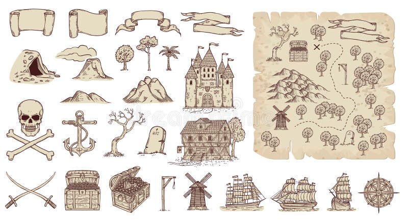 Pirates island Treasure Map set in engraved style vector illustration isolated.