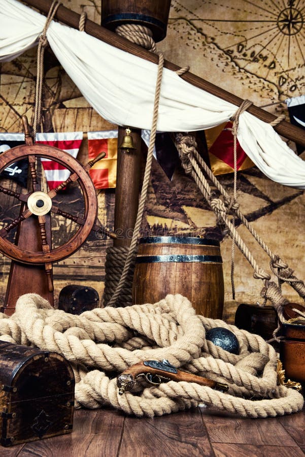 Pirates Ship Deck with Steering Wheel and Flag Stock Image Image of