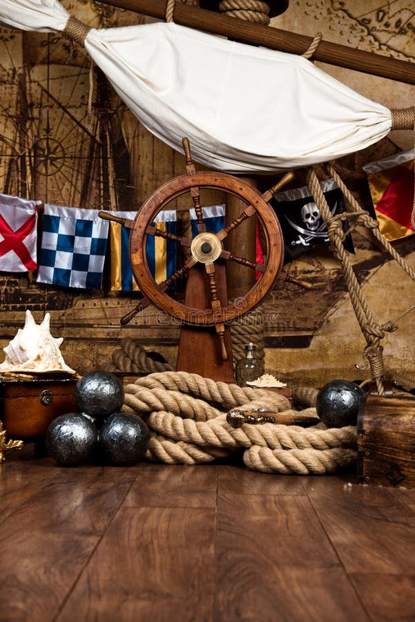 Pirates Ship Deck with Steering Wheel and Flag Stock Photo Image of