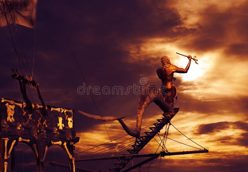 Pirate ship sailing in sunset. Pirate ship sailing in sunset