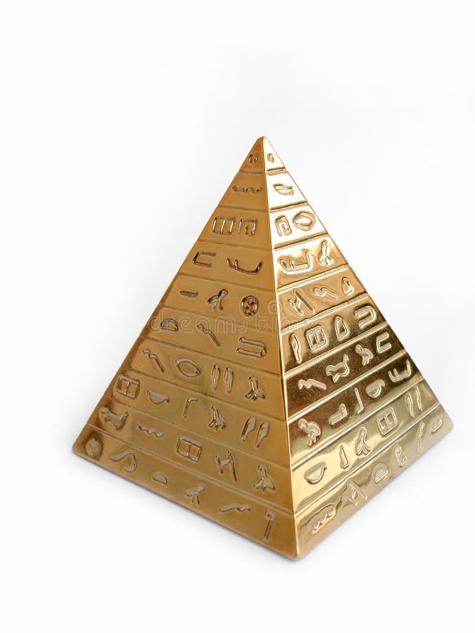 Pirámide de oro con los jeroglíficos en un fondo blanco